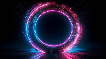 3D abstract background with neon lights. neon tunnel space construction. 3d illustration generate ai