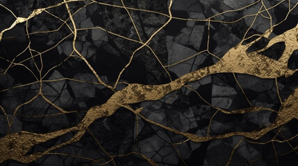 Luxury black and gold marble background with cracks. 3d rendering generative ai