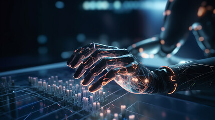 Robot hand touching hologram screen on dark background 3D rendering generative ai - obrazy, fototapety, plakaty