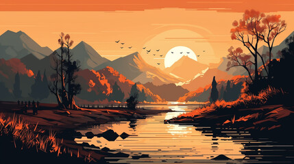Landscape with river, mountains and forest at sunset. Vector illustration