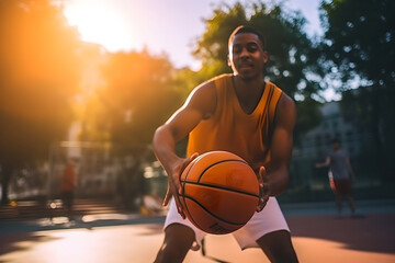 Basketball player playing basketball at the sport ground , sportsman with a ball over basketball court background. Outdoor courtyard sport concept