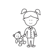 Hand drawn Kids drawing Cartoon Vector illustration cute little girl with baby bear icon Isolated on White Background