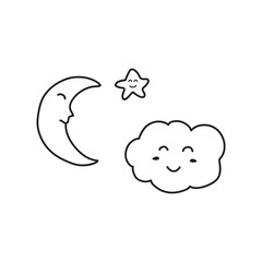 Hand drawn Kids drawing Cartoon Vector illustration moon star and cloud icon Isolated on White Background