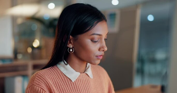 Business, thinking and woman with computer, connection and search internet for a project, book review and feedback. Person, editor or employee with a pc, night or journalist with ideas or copywriting