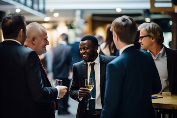 Delegates networking at conference drinks reception, group of business people talking at networking event sharing and discussing new innovation at business conference