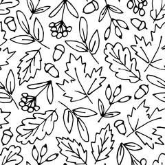 Simple vector seamless pattern. Autumn foliage, branches, oak, maple leaves, rowan berries, acorns. Black outline on a white background. For packaging prints, stationery.