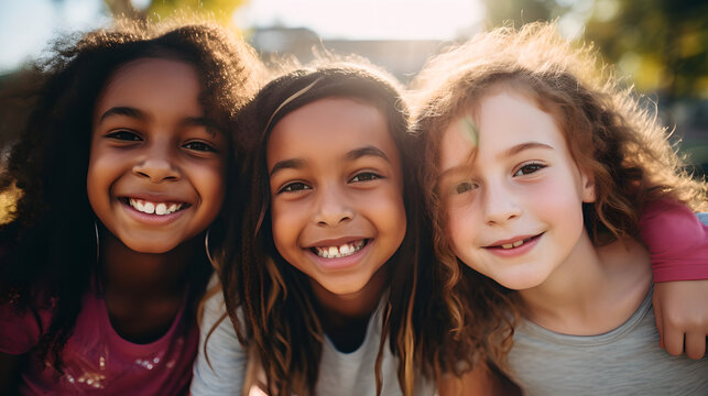 Portrait of happy diverse group of kids hugging in a park together for fun, close up of pre-teen friends in a park smiling to camera embracing in a garden in the day during school holidays