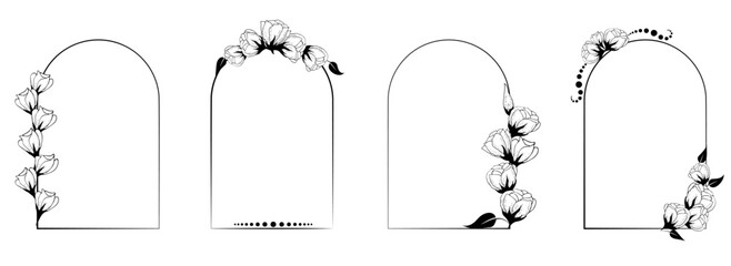 A set of romantic vertical arched frames with outlines of roses. Floral label design, corporate style branding, wedding invitations