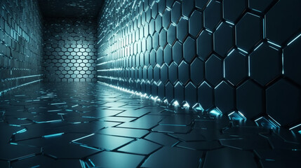 Dark blue futuristic corridor with glowing hexagons 3D rendering background wallpaper generative ai