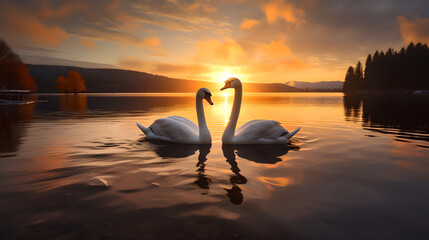 Fototapeta premium 2 Majestic white swans facing each other shaping a heart as swimming in the glassy waters at the lake in front of a stunning orange sunset