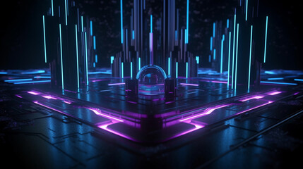 Futuristic glowing neon square maze, 3d rendering. Computer digital drawing. generative ai