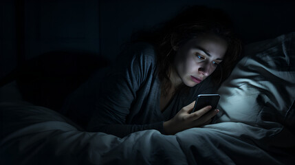 Depressed woman lying on bed using smartphone at late night, exhausted woman scrolling through social networks suffer from sleep disorder - obrazy, fototapety, plakaty
