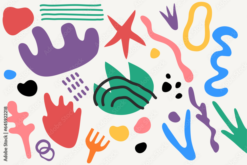 Poster a set of abstract bright colorful shapes of different sizes and shapes. modern and trendy background