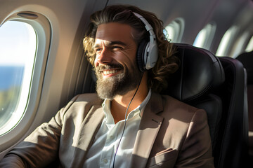 A joyful man wearing headphones sits comfortably in an airplane seat, gazing out of the cabin window with a smile, enjoying the view during his flight