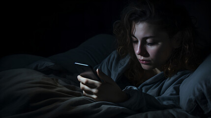 Depressed woman lying on bed using smartphone at late night, exhausted woman scrolling through social networks suffer from sleep disorder