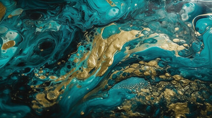 Marble abstract acrylic background. Blue and gold marbling artwork texture generative ai