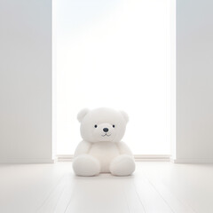 a little fluffy stuffed cute bear white in the middle of a white room
