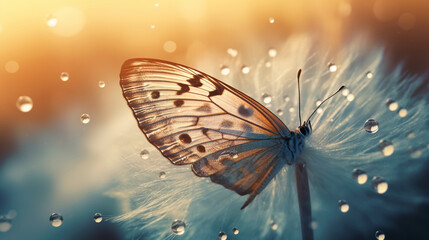 Butterfly on dandelion flower in the morning dew generative ai