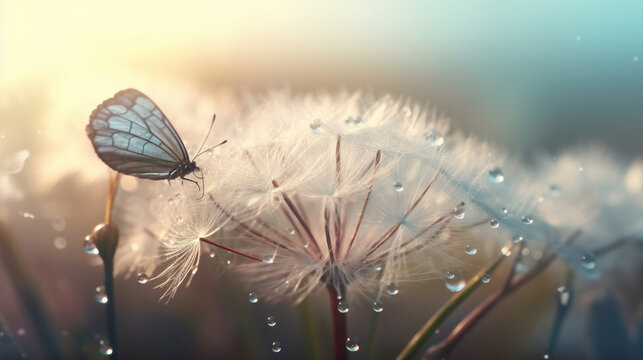 Fototapeta Butterfly on dandelion flower in the morning dew generative ai
