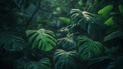 Tropical leaves in the rain forest. Nature and environment concept. generative ai