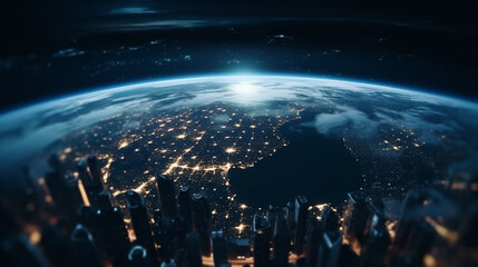 Night view of the planet Earth from space. 3D Rendering generative ai