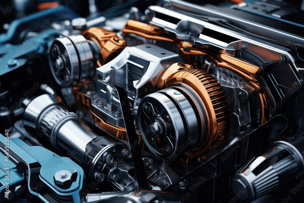 Poster precision engineering: closeup fragment of an auto engine, a glimpse into cutting-edge concept desig