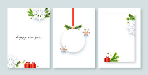 Merry Christmas and Happy New Year flyer template set. 3D and paper design. Season winter offer.