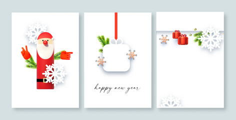 Merry Christmas and Happy New Year flyer template set. 3D and paper design. Season winter offer.