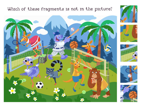 Find the hidden fragments. Educational game puzzle for kids. Cute animals playing sports. Vector cartoon scene. Funny animals in sports suits. 