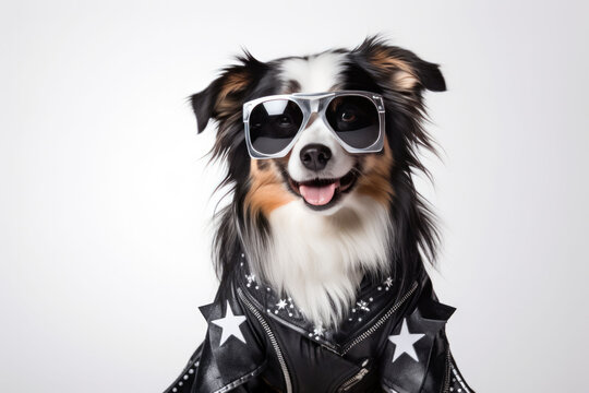 Australian Shepherd Dog Dressed As A Rockstar On White Background. Сoncept Dressing Up Your Pet As A Rockstar, Australian Shepherd, Funny Dog Photos, White Background Photography