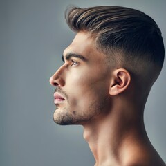 Obraz premium Close-up profile portrait of young man isolated on grey studio