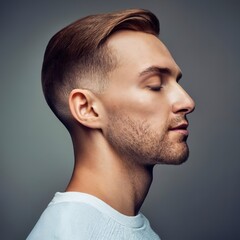 Close-up profile portrait of young man isolated on grey studio