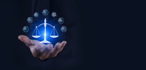 Concepts of Law and Legal services. Lawyer holding with law interface icons.