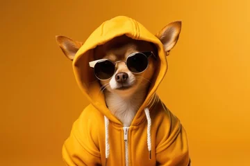 Gordijnen Chihuahua Dog Dressed As A Rapper On . Сoncept Chihuahua Dog Fashion, Dog Hip Hop Scene, Who Puts Dogs In Clothes, Rapper Inspired Dog Apparel © Ян Заболотний