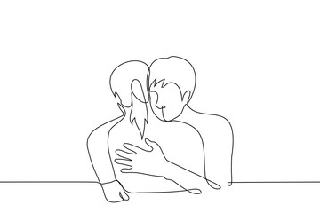 man and woman hugging - one line art vector. concept of skinship,  siblings, friends or heterosexual lovers - obrazy, fototapety, plakaty