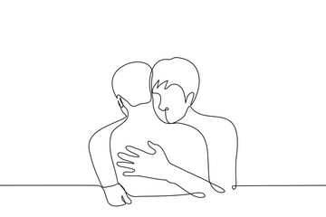 men hugging - one line art vector. concept of male skinship, brothers, friends or homosexual lovers