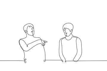 man points his finger at a shy man standing next to him - one line art vector. concept to embarrass, blame, draw attention to a shy person