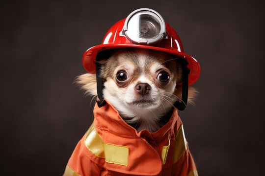Chihuahua Dog Dressed As A Fireman At Work . Сoncept Adorable Dog Costumes, Creative Pet Owners, Working Chihuahuas, Firefighter Uniforms