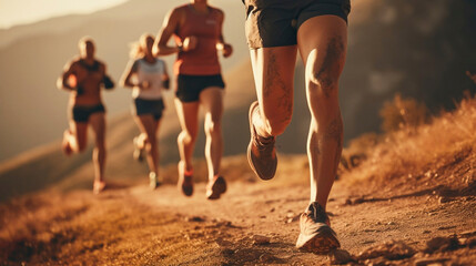 close up legs runner group running on mountain trail. Sports activities in group. Friend running on a mountain track. Detailed view. Sports activity to keep good shape.
