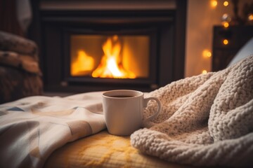 Cozy Home Cozy Fireplace In Soft Pajamas. Сoncept Enjoying A Cozy Fireplace At Home, Wearing Soft Pajamas For Comfort, Making Home Feel Cozy, Relaxing In Your Home - obrazy, fototapety, plakaty