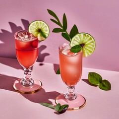 The rose exotic cocktails and fruits on pink