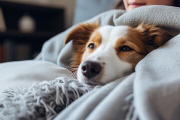 Cozy Home Relaxing On The Couch With A Furry Friend . Сoncept Cuddling With Pets, Relaxation At Home, Couch Comfort, Home Decor