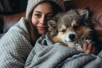 Cozy Home Relaxing On The Couch With A Furry Friend. Сoncept Home Decorating, Cuddling Furry Friends, Relaxation, Movie Nights