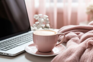 Fototapeta na wymiar Cozy Home Working From Home With A Cup Of Coffee. Сoncept Working From Home, Home Office Setup, Coffee Complementing Productivity, Enjoying The Comfort Of Home