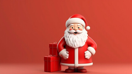 copy space, Christmas Santa Claus with bag of gifts box. Realistic 3d cartoon character. Happy New Year and Merry Christmas. Holiday card, red banner, web poster.