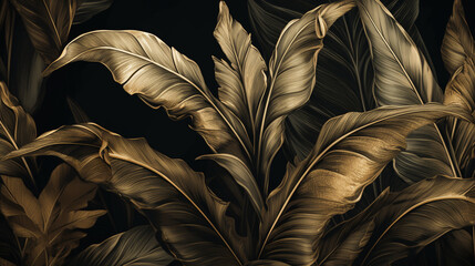 Tropical palm leaves background. Black and gold colors. 3D Rendering generative ai