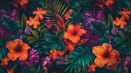 Möbelaufkleber Seamless pattern with tropical leaves and hibiscus flowers generative ai © Graphicsstudio 5