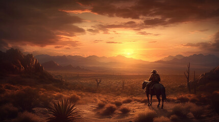 Cowboy riding a horse in desert at sunset, 3d illustration generative ai - obrazy, fototapety, plakaty