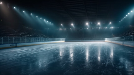 Fototapeta na wymiar Ice hockey arena with lights and ice skates. 3d rendering generative ai
