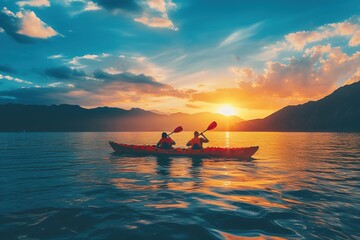 Adventure Man on a Sea Kayak is kayaking during a vibrant and colorful winter sunset. Taken in Vancouver, British Columbia, Canada. Adventure, Vacation Concept.